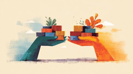 Naklejka premium Two stylized hands one green and one orange holding stacks of colorful cargo shipping containers against a soft cloudy sky