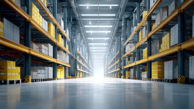 Vast industrial warehouse interior with rows of tall shelves stacked high with cardboard boxes illuminated by overhead lights creating a bright tunnel effect