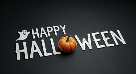 Happy Halloween message with pumpkin and ghost, dark background,  evoking festive spirit and spooky fun, ideal for seasonal greetings or decoration