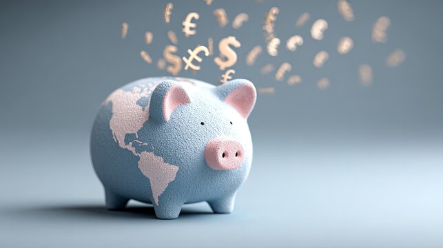 A light blue piggy bank textured with a world map with gold currency symbols floating in the background