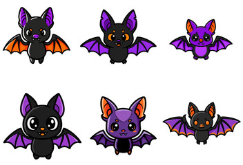 Fototapeta premium Playful collection of cute bat characters featuring vibrant colors and playful expressions, showcasing adorable designs with orange and purple wings,