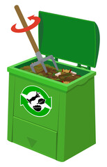 Compost bin where a spade is stirring the compost to aerate it (cut out)