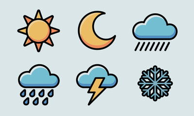 Weather Forecast Icons Sunny, Moon, Rain, Thunder, Snow