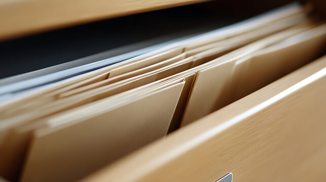 Office drawer filled with file folders, organized and tidy. The drawer is made of light wood, creating a clean, professional look for office space. - Powered by Adobe