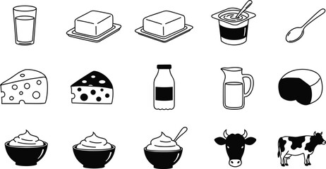 Dairy product icons, milk, cheese, butter, yogurt, cow illustrations, black and white, cad drawing flat vector illustration, food symbols