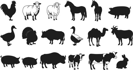 Naklejka premium Farm animal silhouettes in flat vector style, perfect for CAD drawings, agriculture design, educational materials, and rural illustrations
