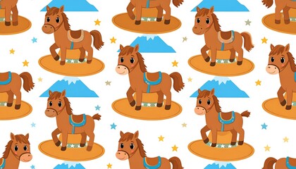 Fototapeta premium Adorable Brown Horses Pattern with Mountains.
