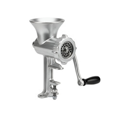 3d icon of a vintage manual meat grinder made of aluminum, isolated on transparent background