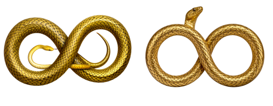 Golden Snake Forming Infinity Symbol with Glossy Scales Isolated on White
