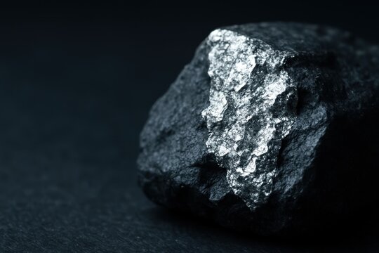 Close-up of platinum-bearing chromite rock showing metallic silver veins and dark textured mineral surface