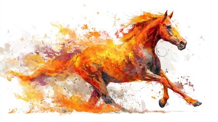 Dynamic image of a horse running forward white its body transforms into flames and splashes of colors on white background. Fire horse New Year 2026 illustration. Generative AI