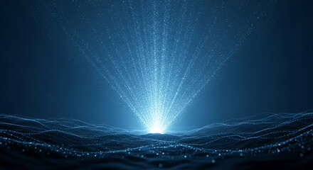 Abstract blue background with glowing particles emanating from central point, creating a dynamic, energetic visual, ideal for technology or science themes