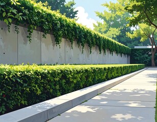 Green Lush Garden Path with Concrete Wall.