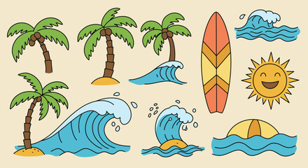 Obraz premium Cartoon summer beach elements featuring palm trees waves surfboard and smiling sun