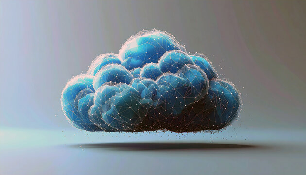 Digital Cloud Abstraction: A digital rendering depicts a puffy, luminous cloud, its form articulated by a complex network of interconnected nodes, suggesting a paradigm shift in data storage. 