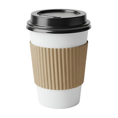 3d icon of white disposable coffee cup with black lid and brown sleeve, isolated on transparent background