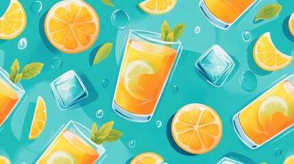 Citrus juice drinks pattern, refreshing summer drinks, vibrant colors, flat lay design, food photography, decorative background, stock photo for beverages, summer drinks, colorful image