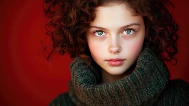 A close-up of a young woman with a scarf wrapped around her neck, possibly indicating some sort of cultural or spiritual significance