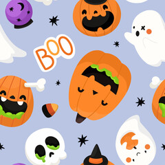 Seamless Halloween pattern with cute ghosts and pumpkins. Festive background
