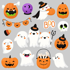 A collection of cute ghosts and pumpkins for Halloween. Festive characters.