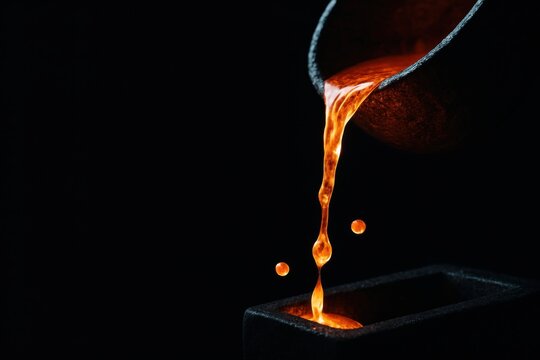 Stream of molten metal pouring from crucible into mold, glowing orange against black background in foundry light