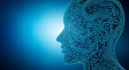Digital head profile, circuit board texture, blue binary code background, symbolizes artificial intelligence, technology, future, innovation