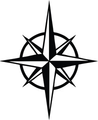 compass rose with pointed cardinal directions, geometric symmetry, solid black silhouette
