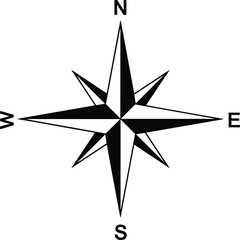 Fototapeta premium compass rose with pointed cardinal directions, geometric symmetry, solid black silhouette