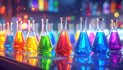 Row of Erlenmeyer flasks filled with colorful liquids on a reflective surface, with a blurred background of more bottles and lights.