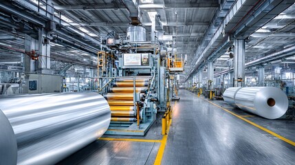 Polymer Film Extrusion Line in Modern Factory, High-Speed Plastic Film Manufacturing with Roll-to-Roll Process, Flexible Packaging Rolls on Industrial Production Floor