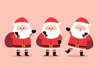Funny happy Santa Claus character with gift, Waving and greeting. Cartoon Christmas illustrations vector. For Christmas cards, banners.