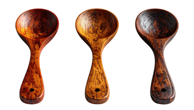 Three wooden spoons, close-up, on a black background
