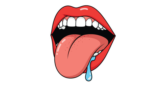Open mouth with red lipstick and tongue out dripping saliva.
