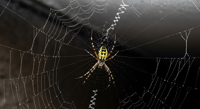 Argiope Aurantia Spider in DewKissed Web Dark Background Macro Shot. - Powered by Adobe