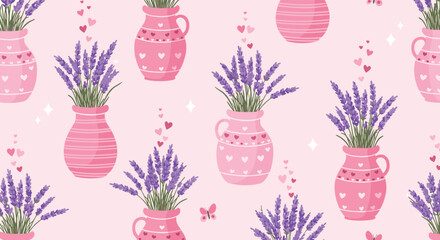A cute pastel background pattern of lavender in pink vases with hearts and butterflies.