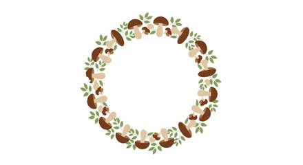 Obraz premium A circular arrangement of small mushrooms and green leaves.