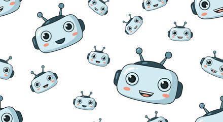 Obraz premium A delightful seamless pattern featuring a collection of cute cartoon robot faces.