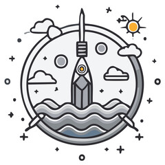 Stylized pencil rocket launching from wavy water with clouds sun and stars