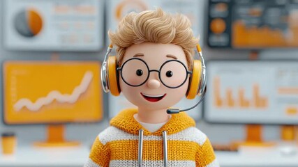 A cartoon child wearing headphones and glasses, in front of monitors with data graphs - Powered by Adobe
