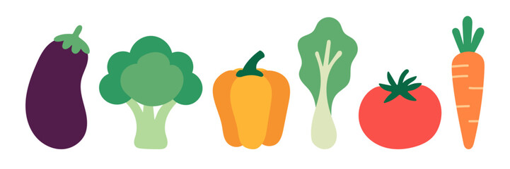 Set of flat vegetable icons with eggplant, broccoli, pepper, tomato, carrot, and lettuce. Minimal colorful vector design for healthy food, packaging, or eco branding.