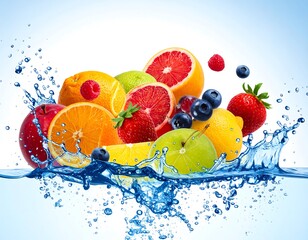 Colorful Fruits Splashing in Water.