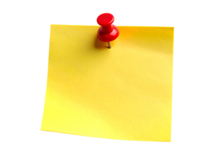 Blank yellow sticky note with a red safety pin or thumbtack at the top. on transparent background, png