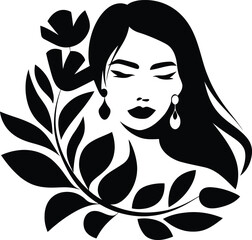 Elegant Woman Silhouette with Floral Leaves Vector Art