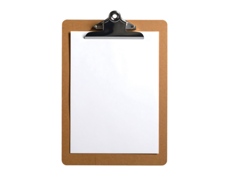 Brown clipboard with metal clips holding a blank sheet of A4 paper. with transparent background, png