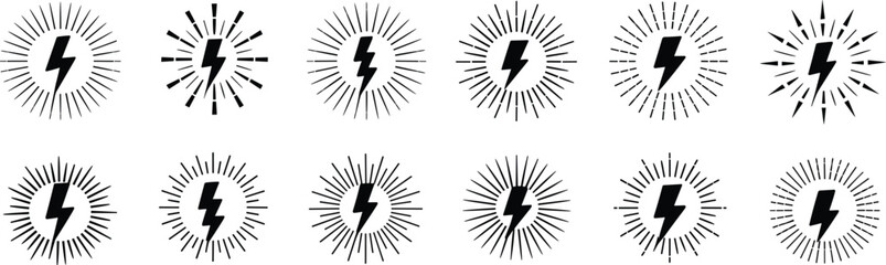 black lightning bolt icons with sunburst rays, energy power symbol collection, minimalist thunder flash design