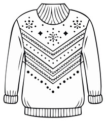 Ugly Christmas Sweater Outline Art with Zigzag and Snowflake Patterns Black and White