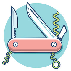 Pocket knife with blades, corkscrew and screwdriver illustration, tool for camping, traveling or survival, compact folding multi tool