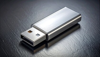 Silver USB Flash Drive on Dark Surface.