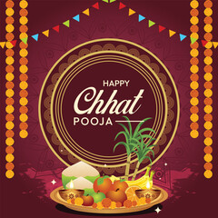 Happy Chhath Puja illustration with fruits thali, diya, mandala, garland, and flags, celebrating the Sun God worship festival by women in Bihar and Uttar Pradesh, India.