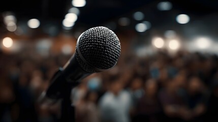 A close up of a microphone on a stage with a blurred audience and soft lights ready for a presentation